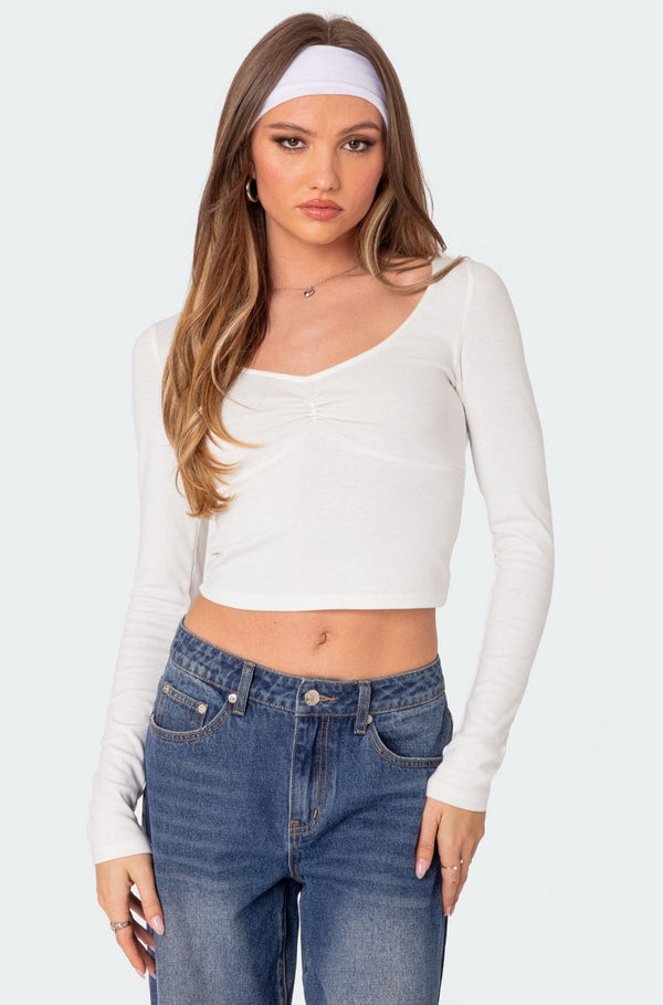 edikted Nat Ruched V Neck Top white