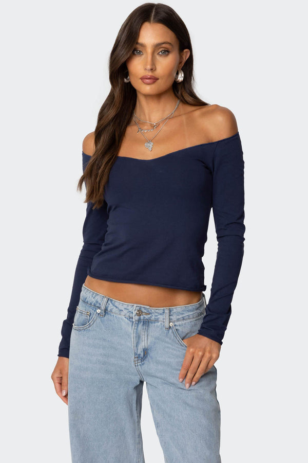 edikted Nattie Off Shoulder V Neck Top navy