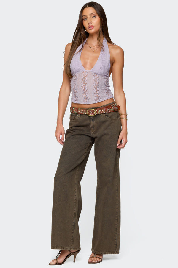 Edikted Naya Textured Sheer Lace Halter Top Lilac