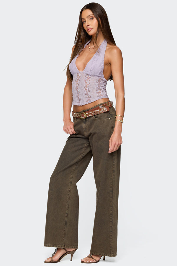 Edikted Naya Textured Sheer Lace Halter Top Lilac