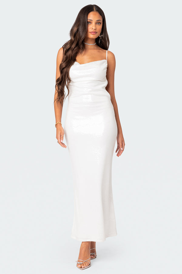 Edikted Nellie Sequin Open Back Maxi Dress White
