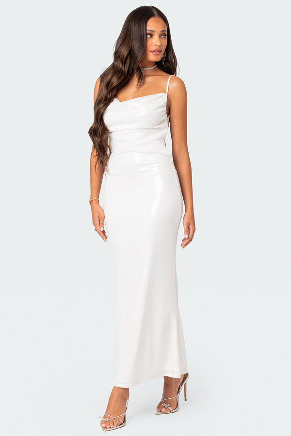 Edikted Nellie Sequin Open Back Maxi Dress White
