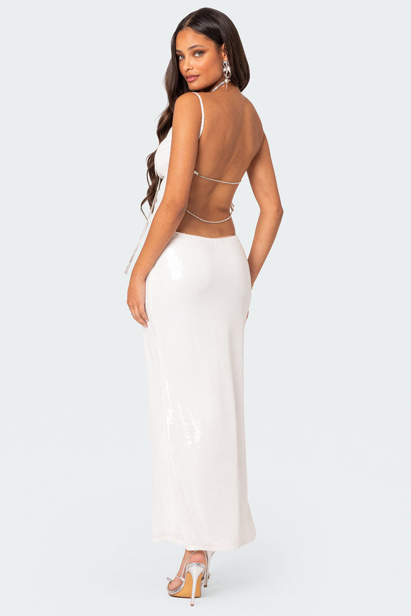 Edikted Nellie Sequin Open Back Maxi Dress White