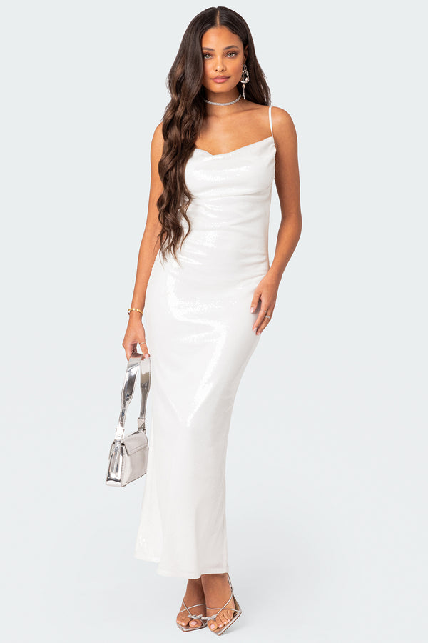 edikted Nellie Sequin Open Back Maxi Dress white