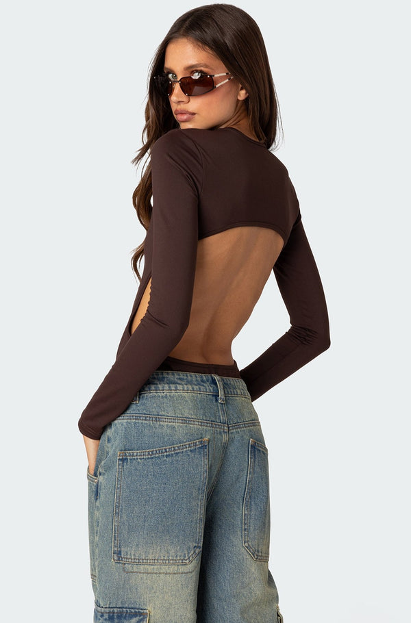 Edikted Neta Back Cut Out Bodysuit Brown