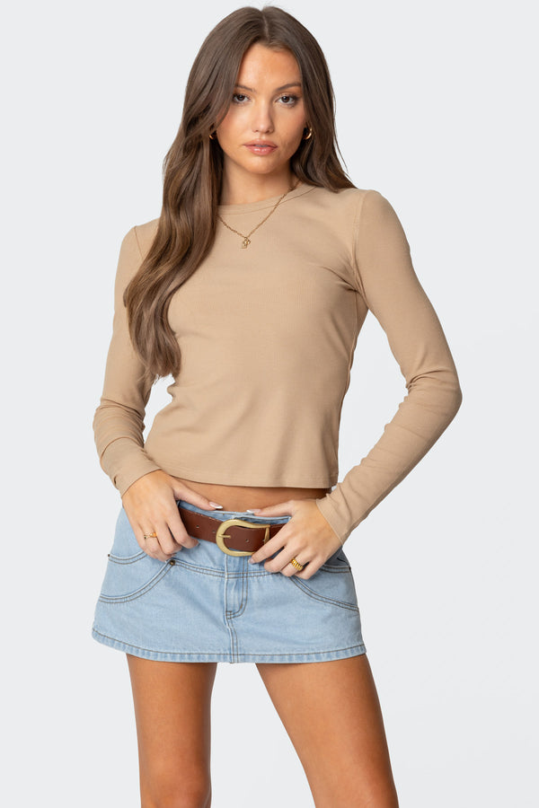 Edikted Nicky Ribbed Long Sleeve T Shirt Beige