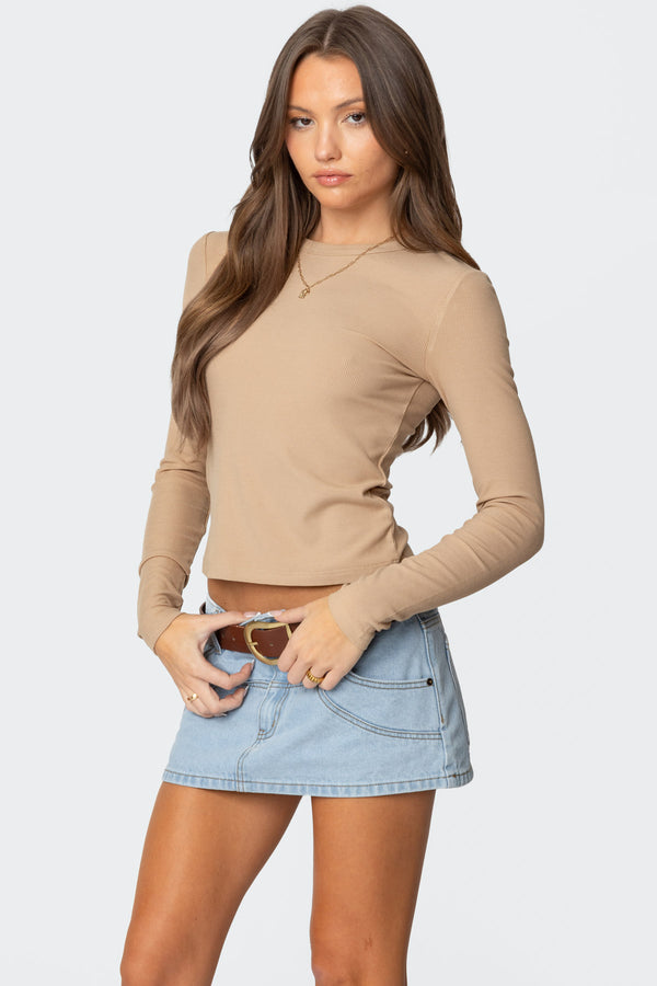 Edikted Nicky Ribbed Long Sleeve T Shirt Beige