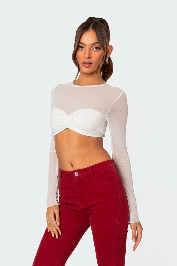 Edikted Night Out Sheer Crop Top White