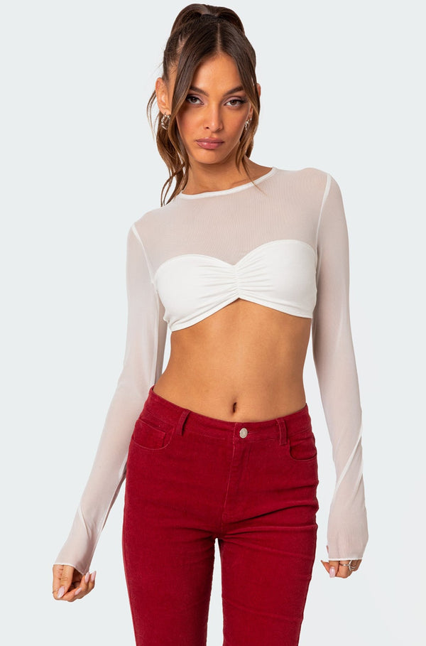 edikted Night Out Sheer Crop Top white