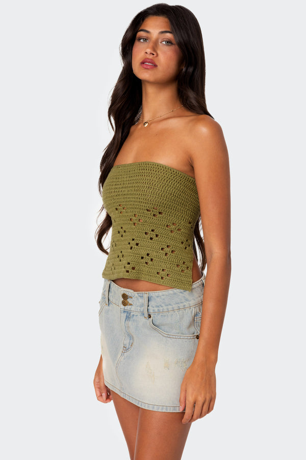 Edikted Niki Crochet Strapless Top Olive