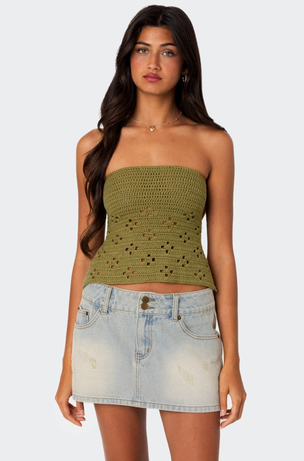 edikted Niki Crochet Strapless Top olive