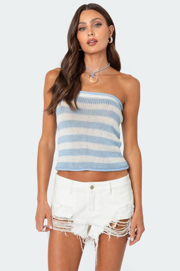 edikted Nox Striped Knit Tube Top blue and white