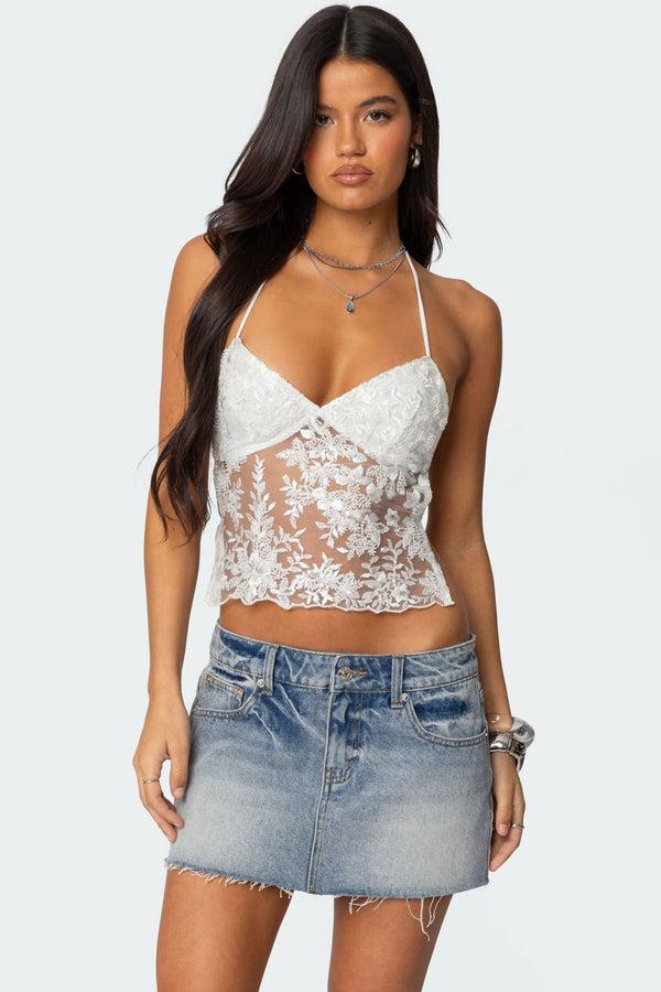Edikted Nyx Backless Sheer Lace Top White