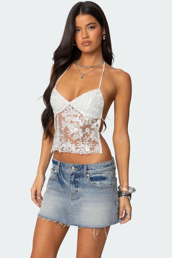 edikted Nyx Backless Sheer Lace Top white