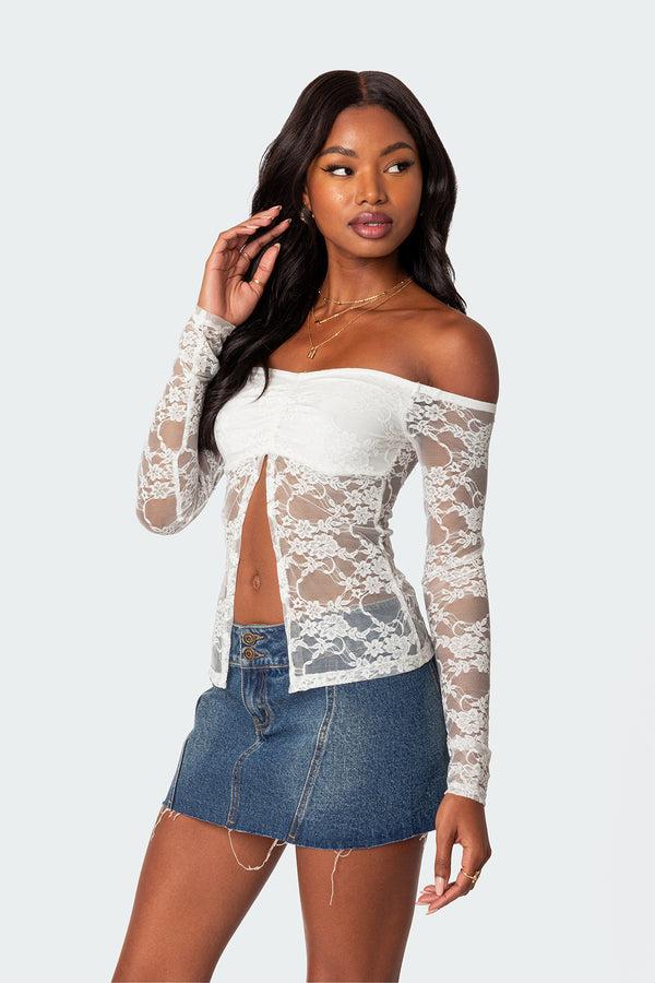 Edikted Odessa Split Front Sheer Lace Top White