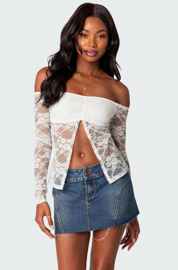 edikted Odessa Split Front Sheer Lace Top white