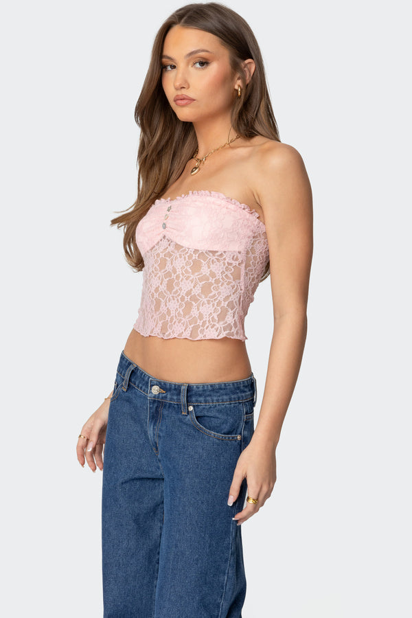 Edikted Odilia Sheer Lace Strapless Top Light Pink
