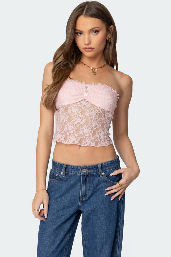 edikted Odilia Sheer Lace Strapless Top light pink