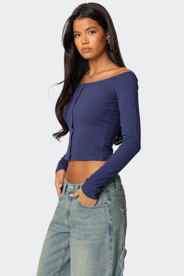 Edikted Off Shoulder Button Up Top Navy