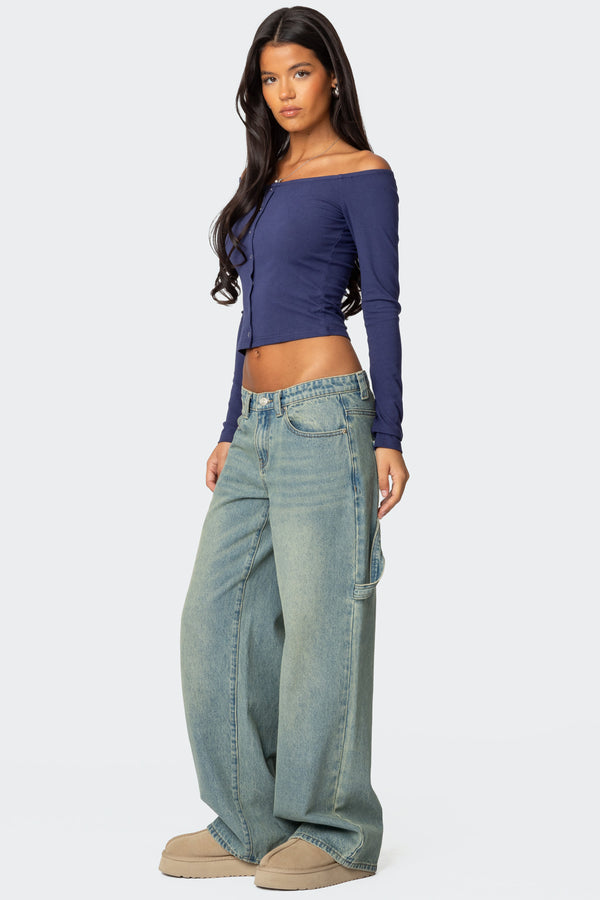 Edikted Off Shoulder Button Up Top Navy