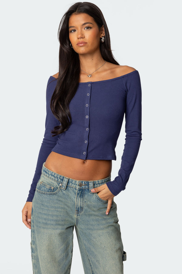 edikted Off Shoulder Button Up Top navy