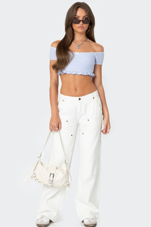 Edikted Off Shoulder Eyelet Crop Top Light Blue