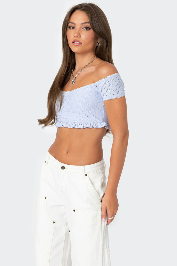 Edikted Off Shoulder Eyelet Crop Top Light Blue