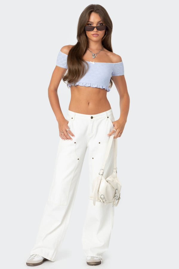 Edikted Off Shoulder Eyelet Crop Top Light Blue