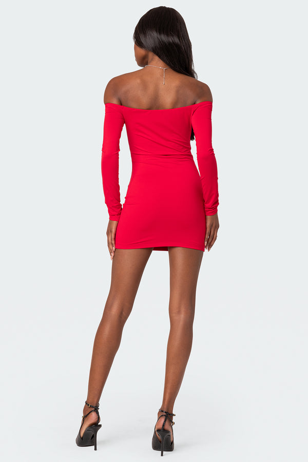 Edikted Off Shoulder Gathered Mini Dress Red