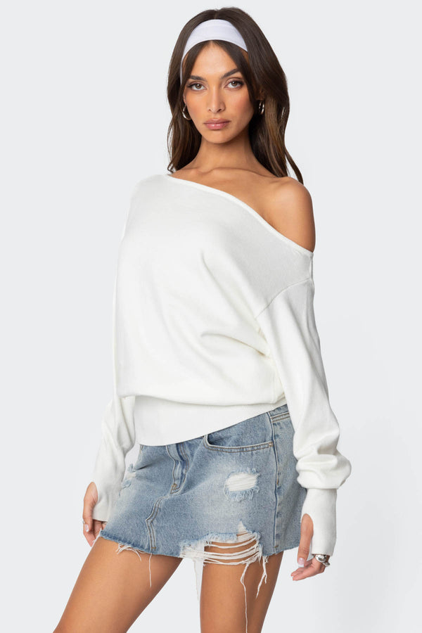 Edikted Off Shoulder Oversized Sweater Cream