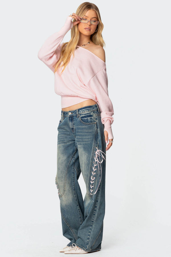 Edikted Off Shoulder Oversized Sweater Light Pink