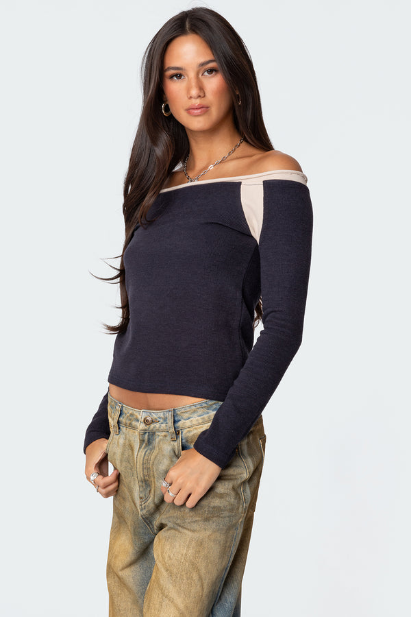 Edikted Off Shoulder Thermal Top Navy