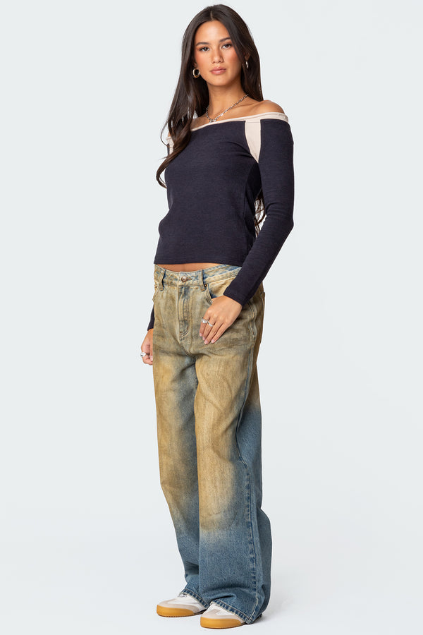 Edikted Off Shoulder Thermal Top Navy