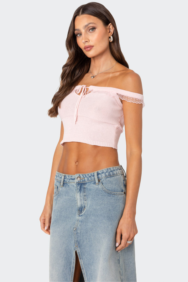 Edikted Off Shoulder Trimmed Knit Top Light Pink