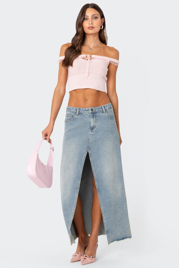 Edikted Off Shoulder Trimmed Knit Top Light Pink