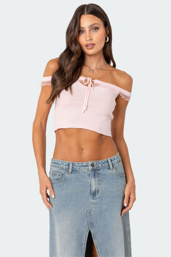 edikted Off Shoulder Trimmed Knit Top light pink