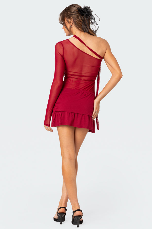 Edikted One Shoulder Sheer Mesh Mini Dress Red
