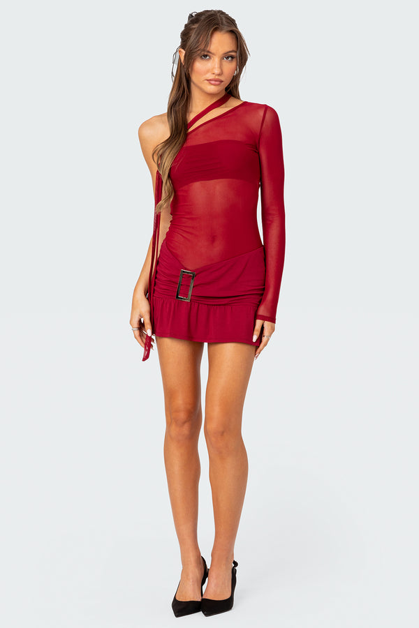 Edikted One Shoulder Sheer Mesh Mini Dress Red