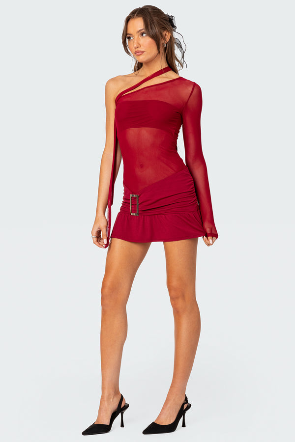 Edikted One Shoulder Sheer Mesh Mini Dress Red