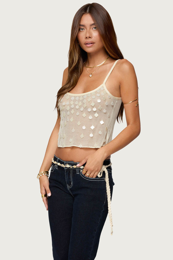 Edikted Onya Iridescent Sheer Knit Top Cream
