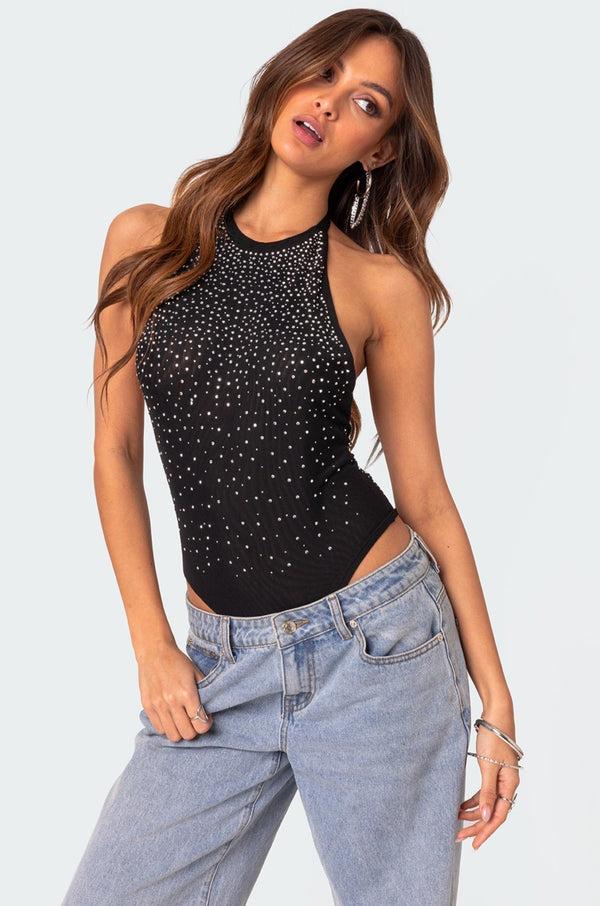 edikted Open Back Mesh Rhinestone Bodysuit black