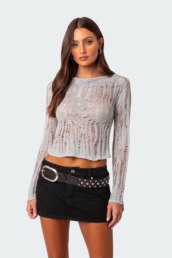 Edikted Open Back Metallic Knit Top Silver