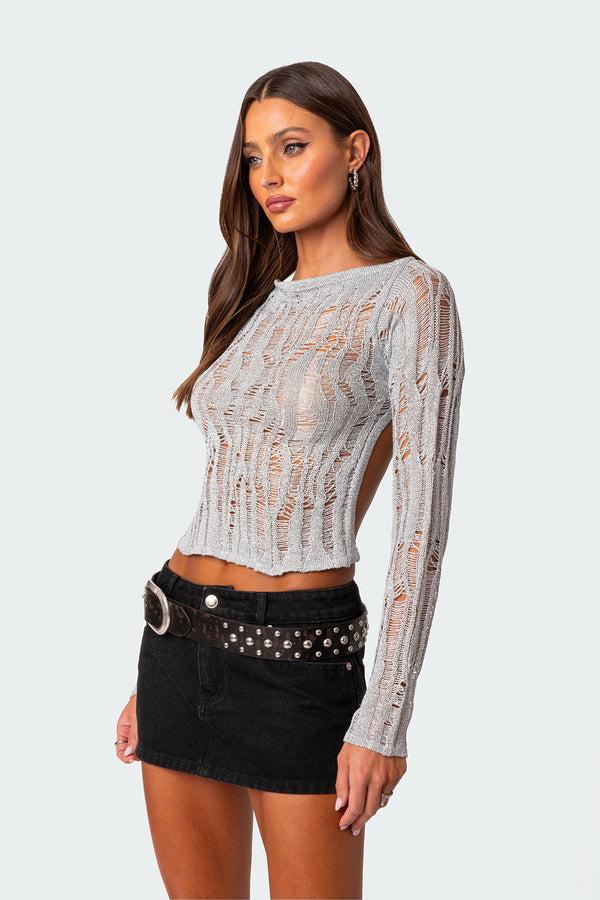 Edikted Open Back Metallic Knit Top Silver