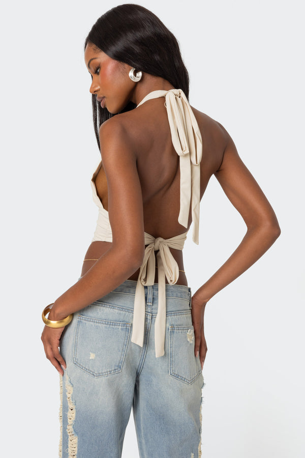 Edikted Open Back Triangle Halter Top Cream
