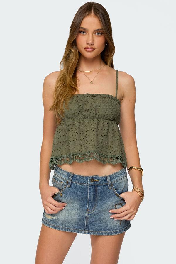 edikted Orian Eyelet Babydoll Tank Top olive