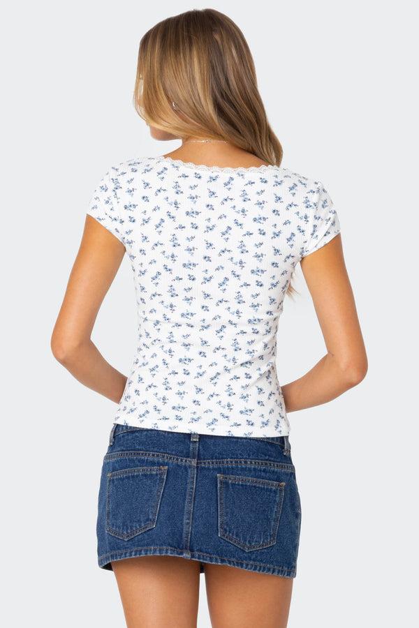 Edikted Orly Floral Ribbed Top White