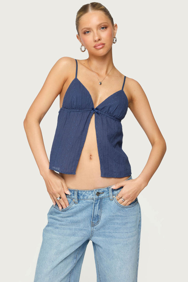 edikted Otis Eyelet Split Front Tank Top navy