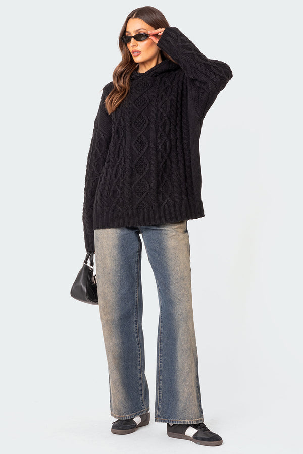 Edikted Oversized Cable Knit Hoodie Black