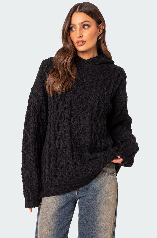 edikted Oversized Cable Knit Hoodie black