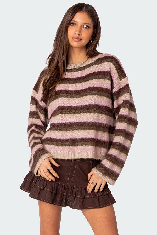 edikted Oversized Fuzzy Striped Sweater mix